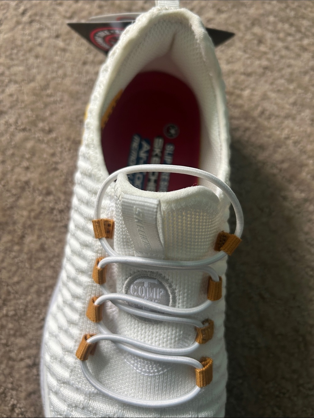 Skechers White Knit Slip-On Sneakers with Gold Accent Loops - Picture 9 of 13